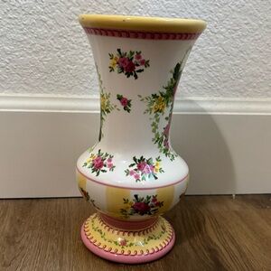 Laura Ashley White Floral Ceramic Vase with Pink and Yellow Accents Roses